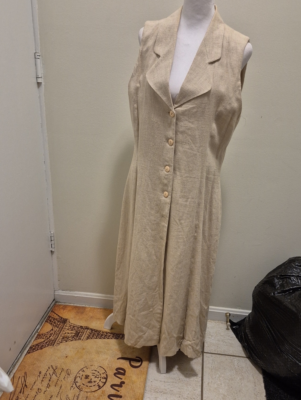 Vintage 1990s Tan Linen Blend Sleeveless Button-Front Maxi Dress